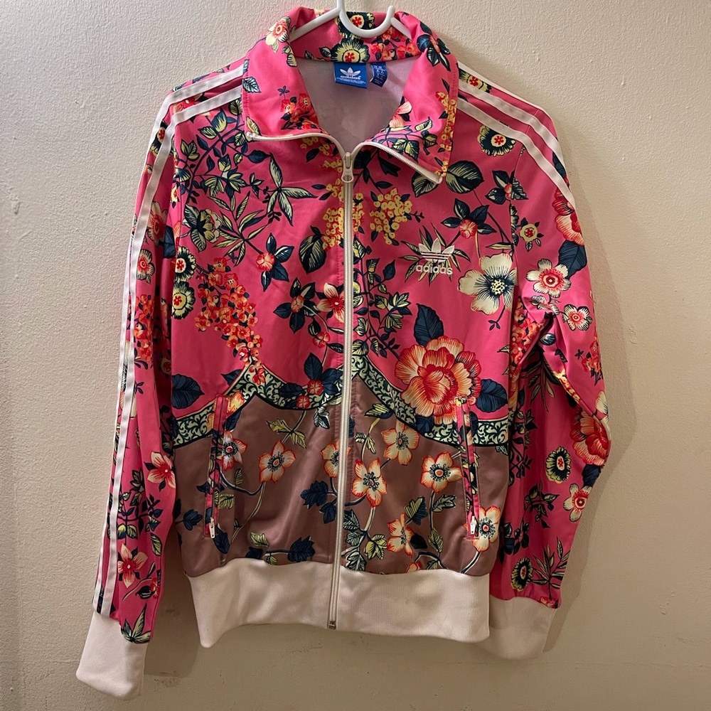 Adidas pink floral track jacket size M